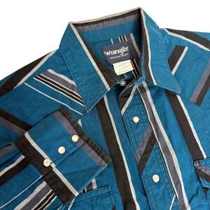 Wrangler Western Shirt Mens 17x34 Teal Black Striped Pearl Snap Long Sleeve L XL